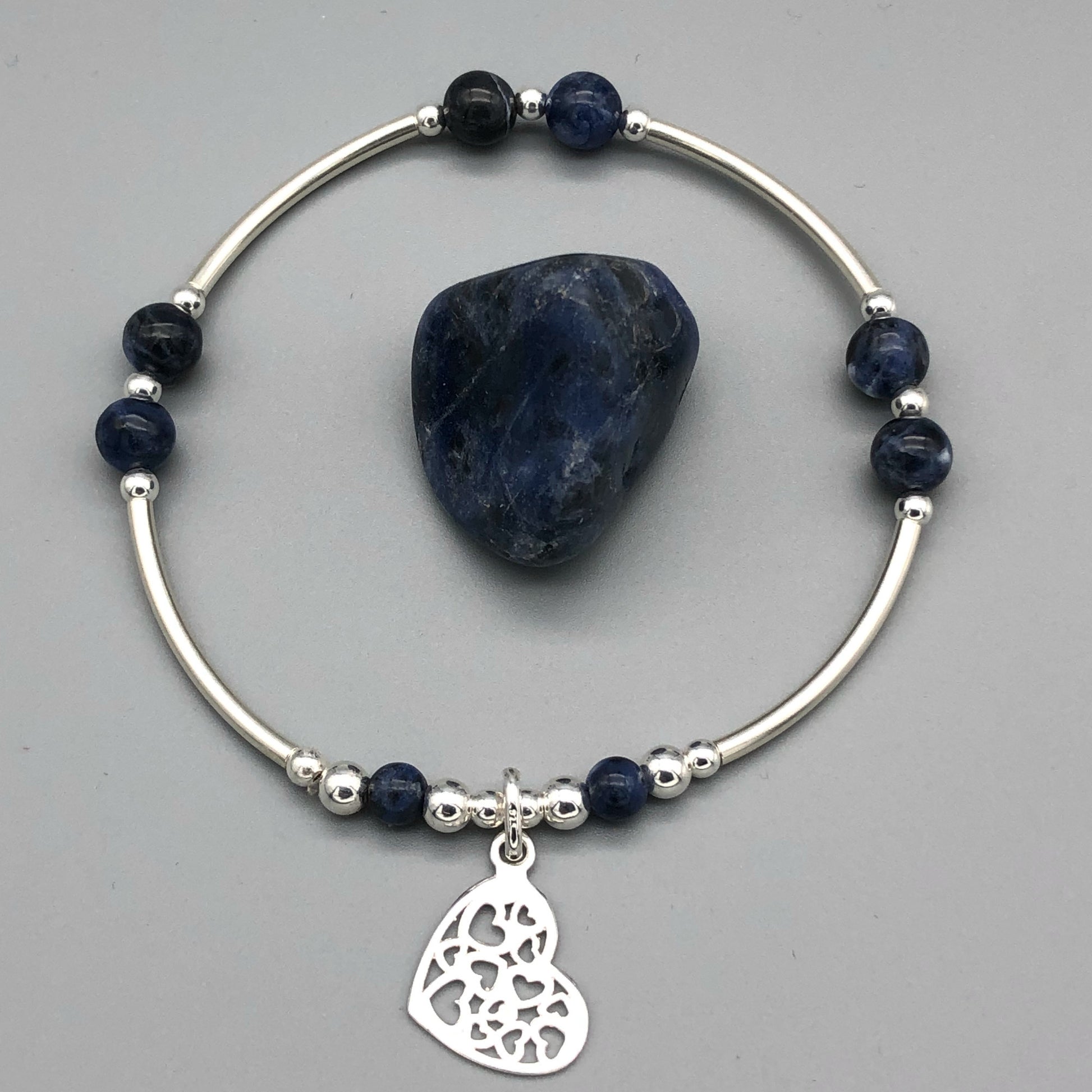 Heart charm filigree sterling silver & sodalite gemstone women's stacking bracelet by My Silver Wish