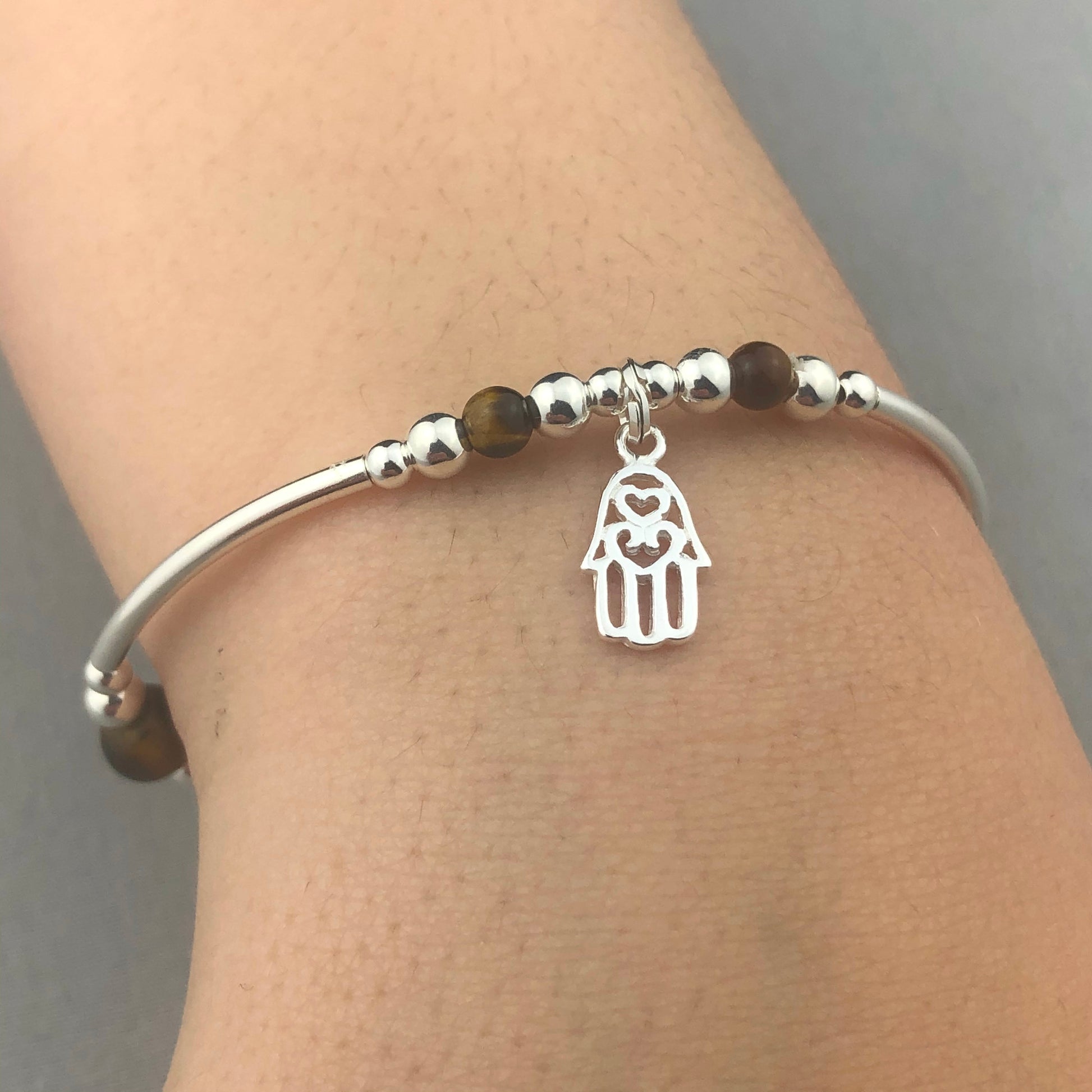 Closeup of Hamsa Hand Charm Tigers Eye Beads Sterling Silver Women's Stacking Bracelet by My Silver Wish