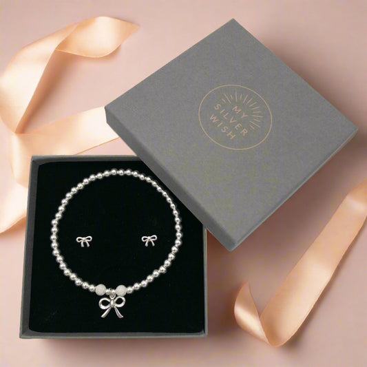 Ribbon Bow charm sterling silver hand-made women's stacking bracelet and earring gift set