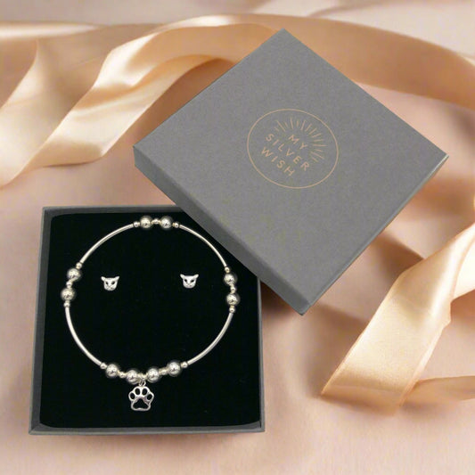 Cat charm sterling silver stacking bracelet and stud earring women's jewellery gift set by My Silver Wish