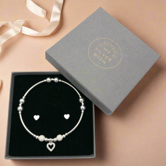 Diamond heart charm sterling silver hand-made women's stacking bracelet and earring gift set