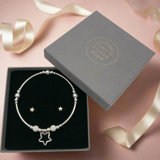Open Star charm sterling silver hand-made women's stacking bracelet and stud earring gift set by My Silver Wish