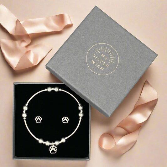 Dog paw charm sterling silver stacking bracelet & stud earring jewellery gift set by My Silver Wish