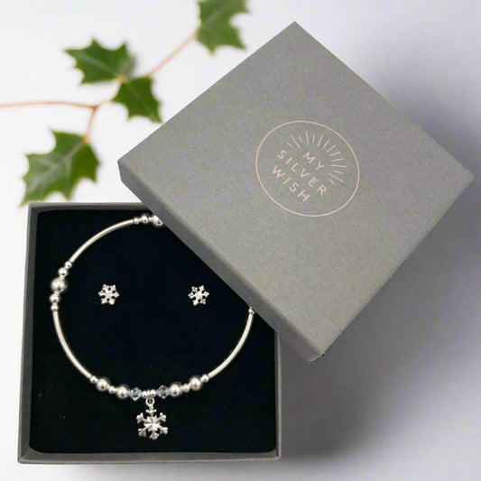 Snowflake charm sterling silver hand-made women's stacking bracelet and earring gift set by My Silver Wish