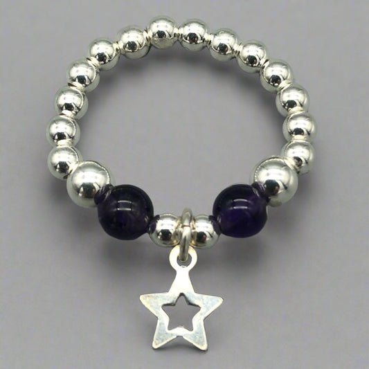 Star charm amethyst sterling silver beads girl's stacking ring by My Silver Wish