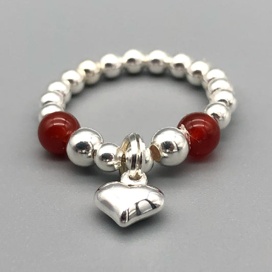 Heart charm sterling silver & carnelian bead stacking charm ring for girls and ladies by My Silver Wish