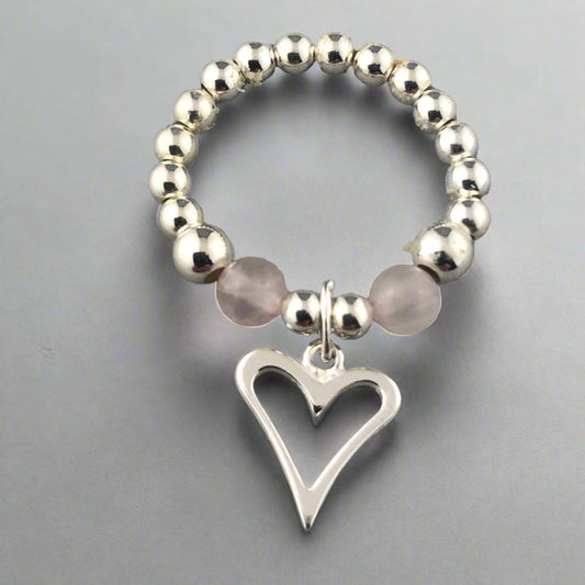 Open heart rose quartz & sterling silver bead women's stacking charm ring by My Silver Wish