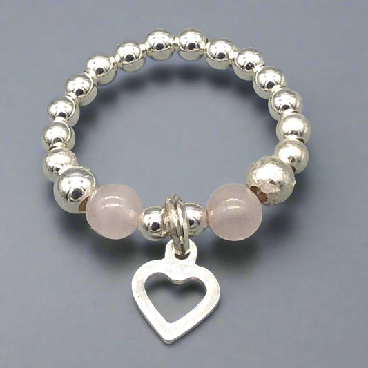 Open heart charm rose quartz & sterling silver bead stacking ring for her by My Silver Wish