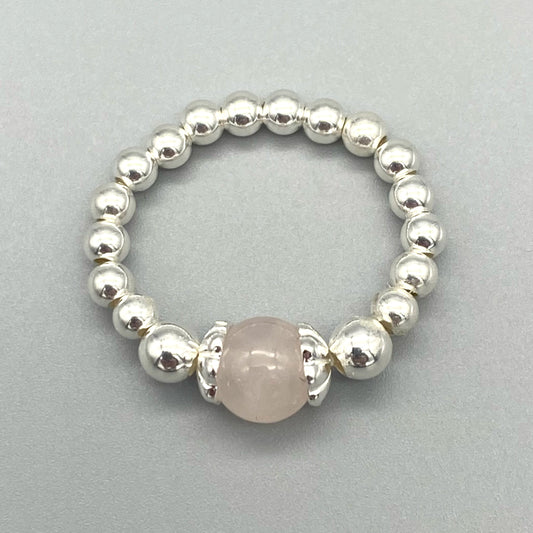 Rose quartz bead & sterling silver women's stacking ring by My Silver Wish