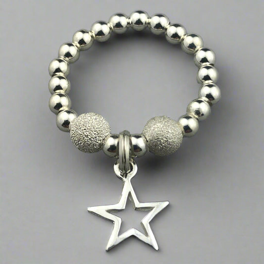 Star charm sterling silver frosted beads girl's stacking ring by My Silver Wish